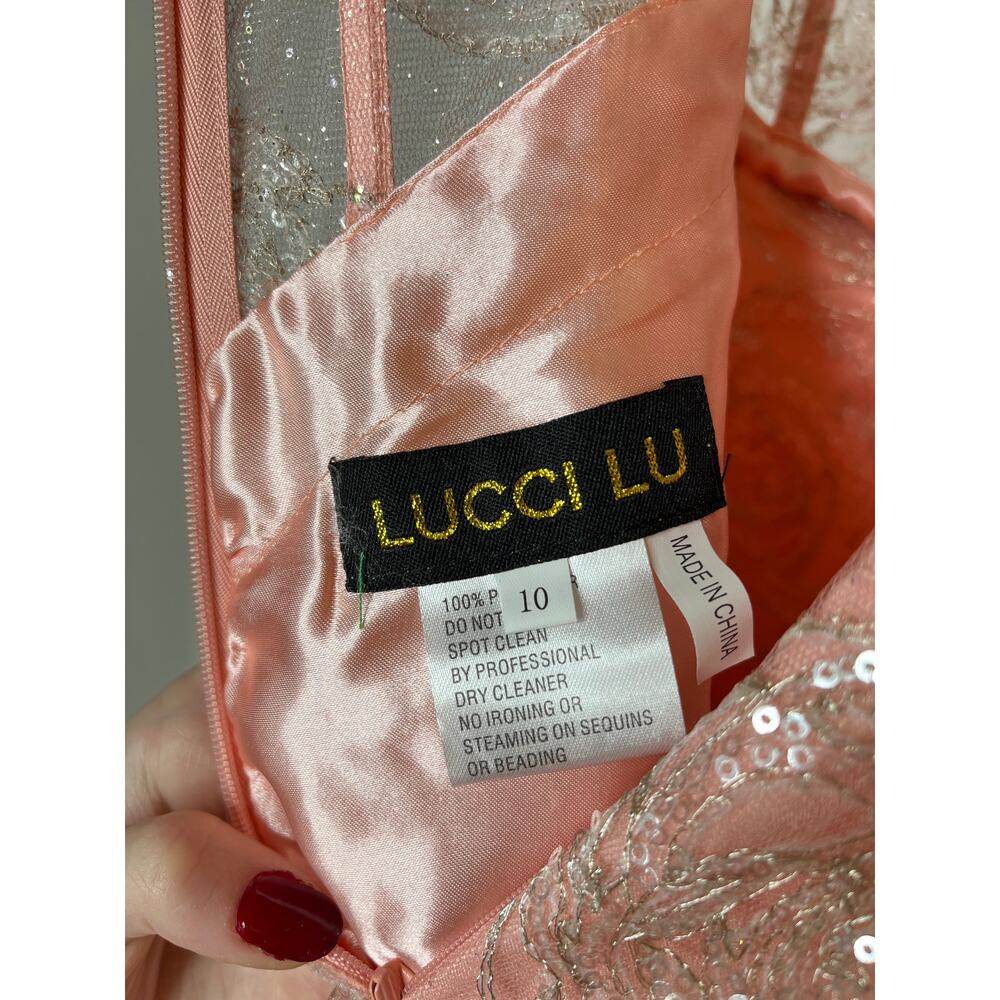 NWT Womens Lucci Lu Dress, 1277, Coral Pink, Rose Overlay, Illusion Bodice Sz 10 - Picture 8 of 10